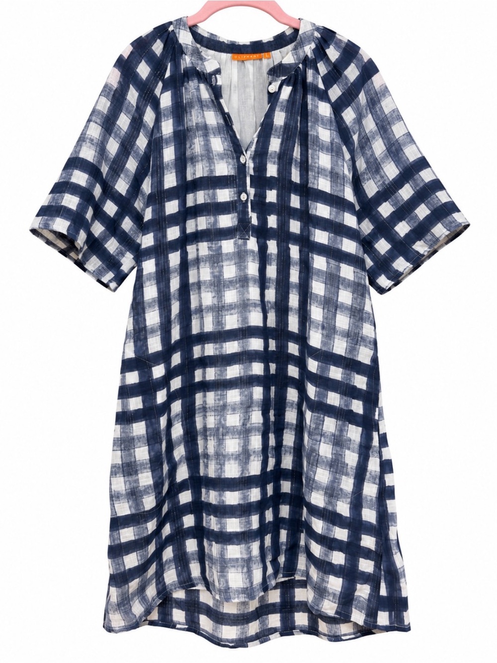 Oliphant Dress Large Navy White Plaid 100% Cotton Tunic Shift Beach Resort